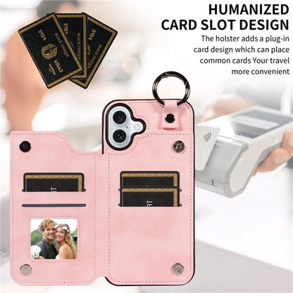 003 For iPhone 16 Plus Case Leather Ring Buckle Phone Back Cover Kickstand