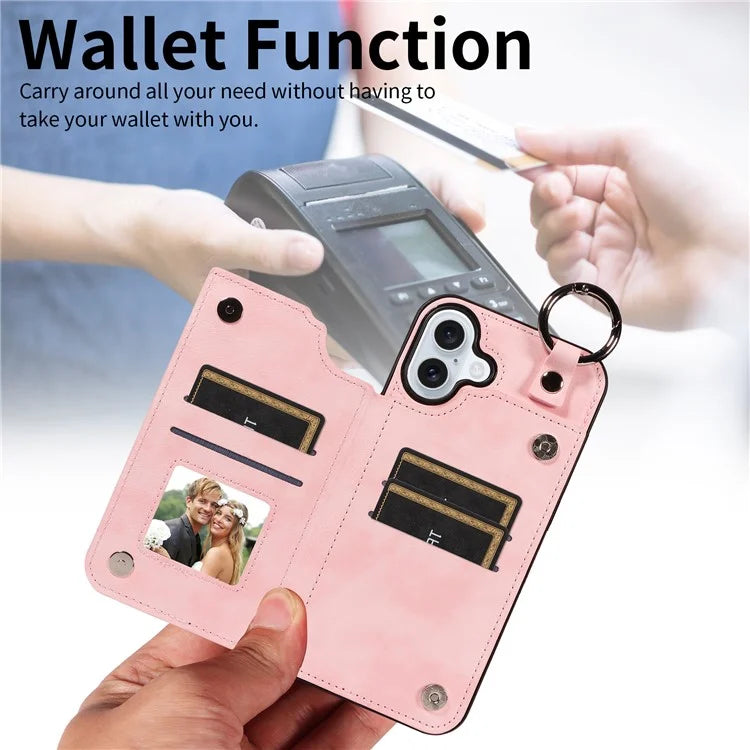 003 For iPhone 16 Plus Case Leather Ring Buckle Phone Back Cover Kickstand