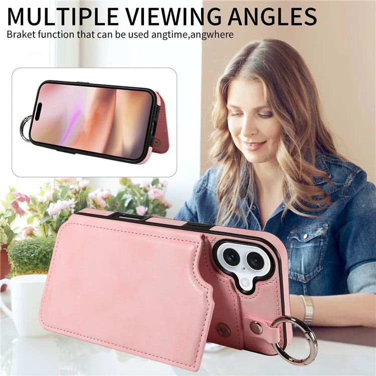 003 For iPhone 16 Plus Case Leather Ring Buckle Phone Back Cover Kickstand