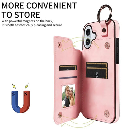 003 For iPhone 16 Plus Case Leather Ring Buckle Phone Back Cover Kickstand