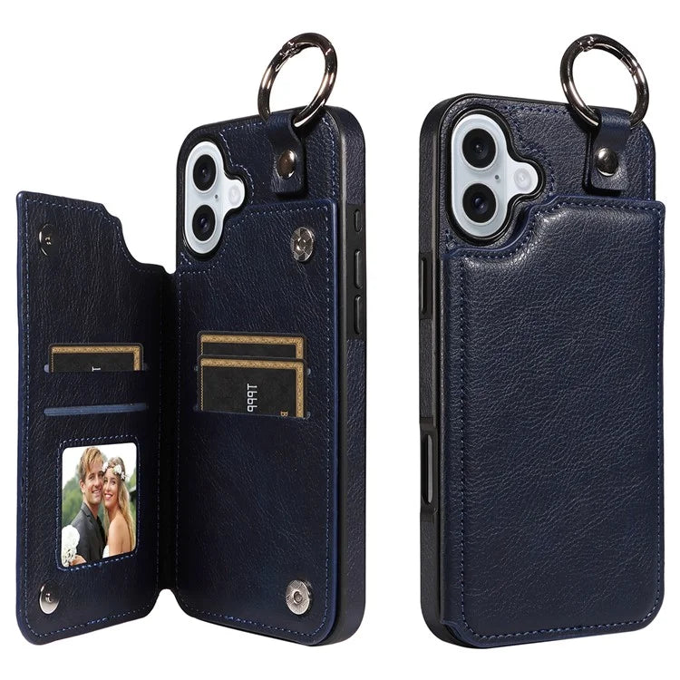 003 For iPhone 16 Plus Case Leather Ring Buckle Phone Back Cover Kickstand