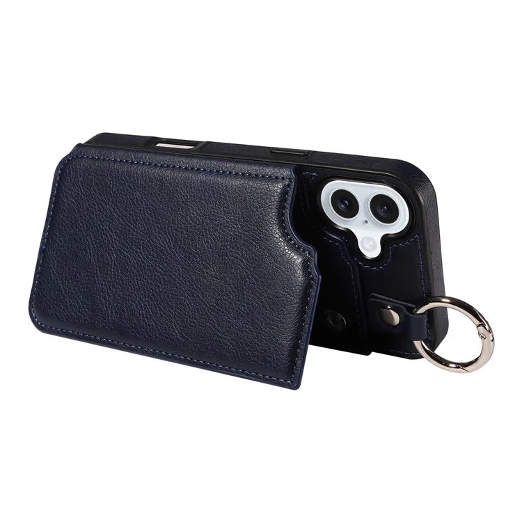 003 For iPhone 16 Plus Case Leather Ring Buckle Phone Back Cover Kickstand