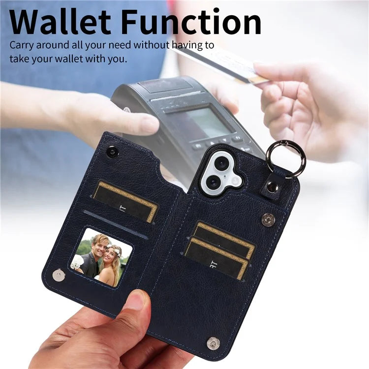 003 For iPhone 16 Plus Case Leather Ring Buckle Phone Back Cover Kickstand