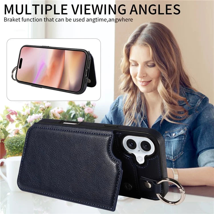 003 For iPhone 16 Plus Case Leather Ring Buckle Phone Back Cover Kickstand