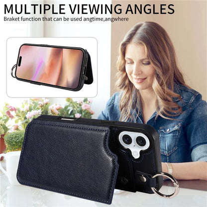 003 For iPhone 16 Plus Case Leather Ring Buckle Phone Back Cover Kickstand