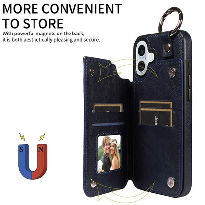 003 For iPhone 16 Plus Case Leather Ring Buckle Phone Back Cover Kickstand