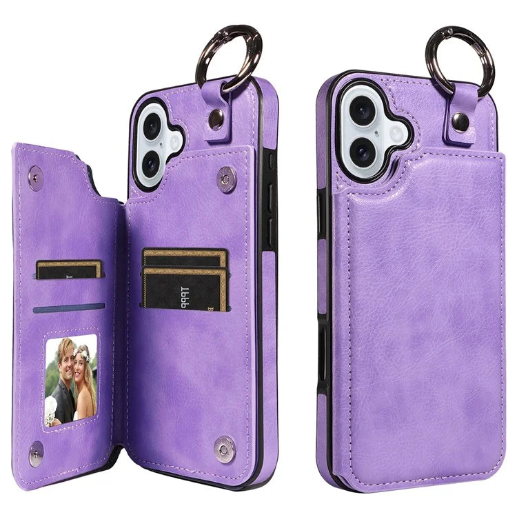 003 For iPhone 16 Plus Case Leather Ring Buckle Phone Back Cover Kickstand