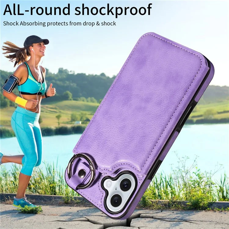 003 For iPhone 16 Plus Case Leather Ring Buckle Phone Back Cover Kickstand