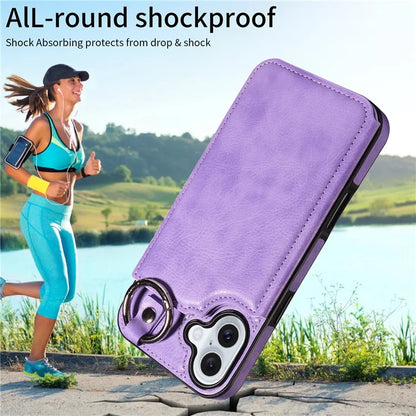 003 For iPhone 16 Plus Case Leather Ring Buckle Phone Back Cover Kickstand