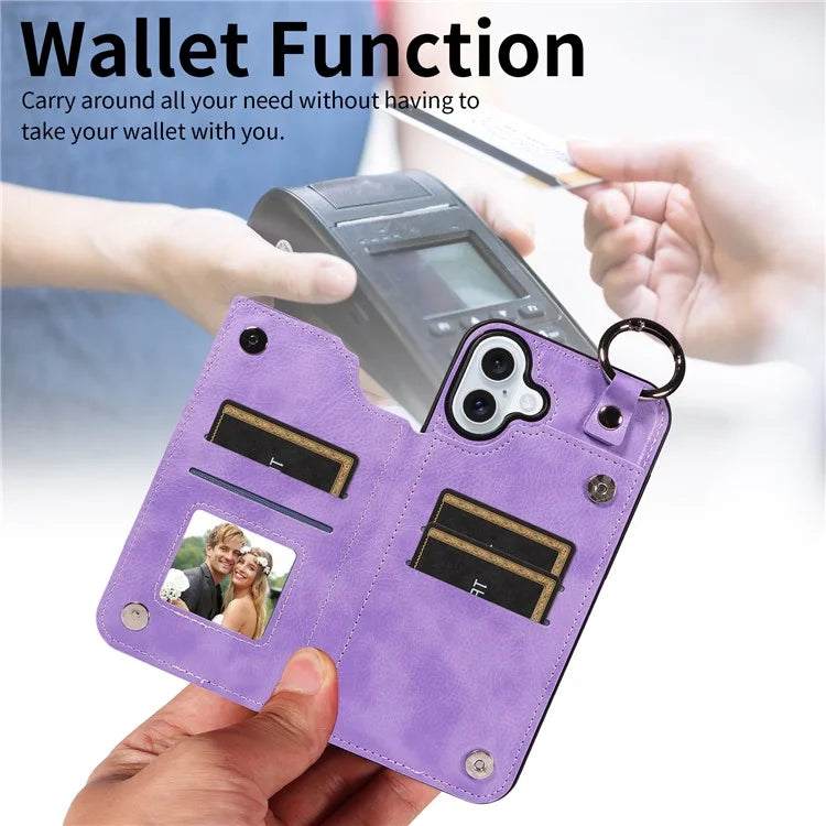 003 For iPhone 16 Plus Case Leather Ring Buckle Phone Back Cover Kickstand