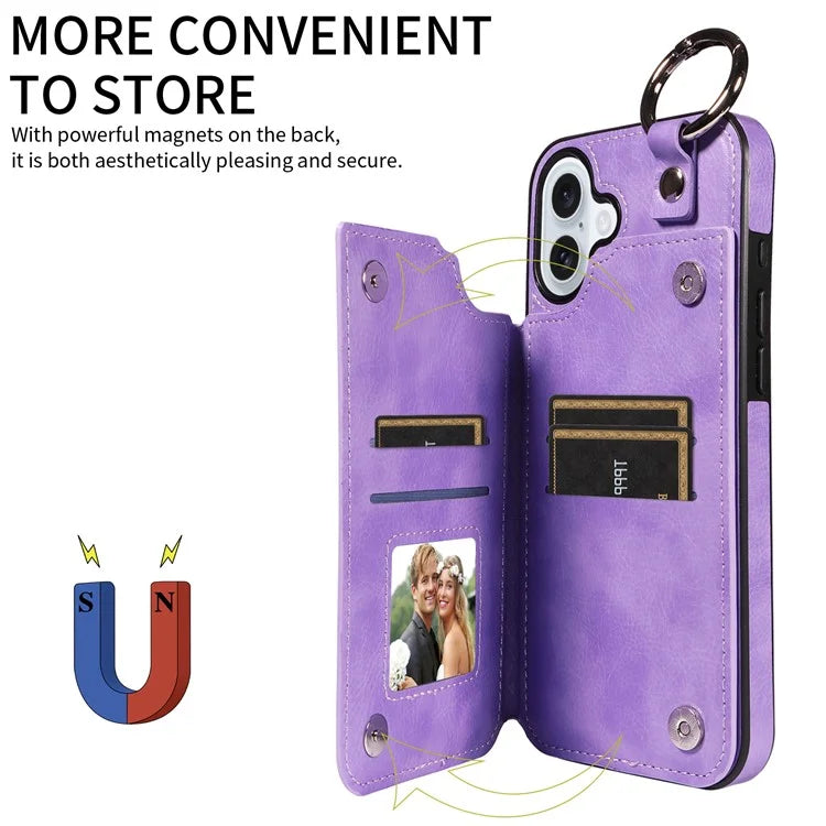 003 For iPhone 16 Plus Case Leather Ring Buckle Phone Back Cover Kickstand