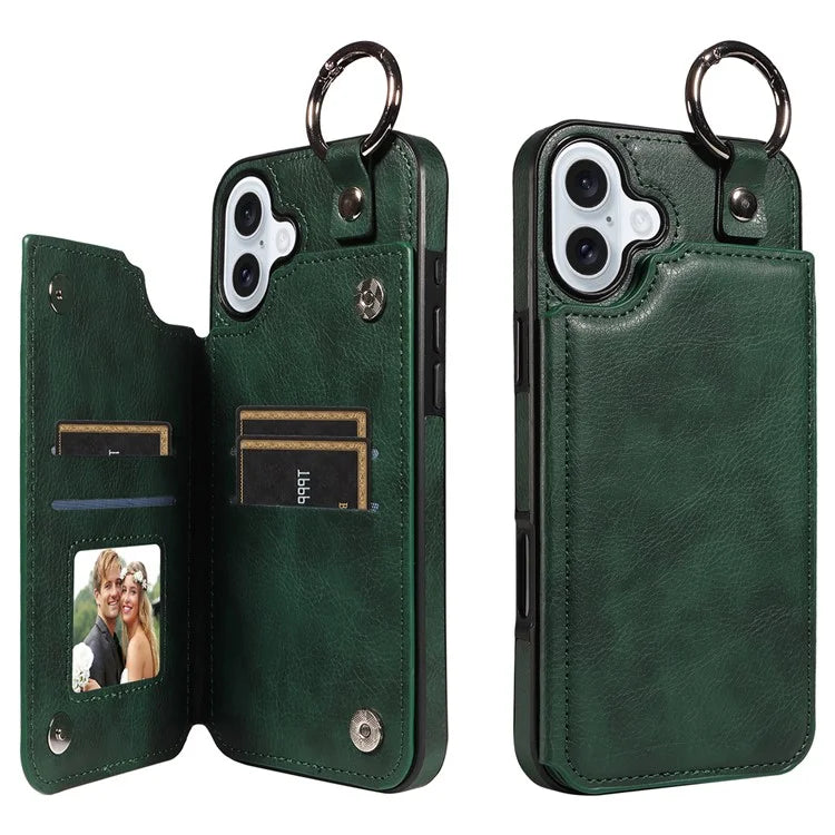 003 For iPhone 16 Plus Case Leather Ring Buckle Phone Back Cover Kickstand