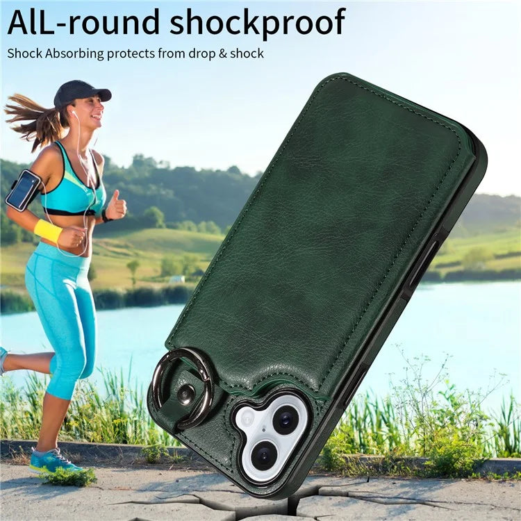 003 For iPhone 16 Plus Case Leather Ring Buckle Phone Back Cover Kickstand