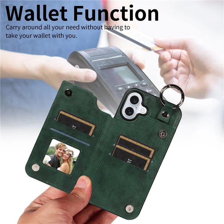 003 For iPhone 16 Plus Case Leather Ring Buckle Phone Back Cover Kickstand