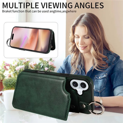 003 For iPhone 16 Plus Case Leather Ring Buckle Phone Back Cover Kickstand