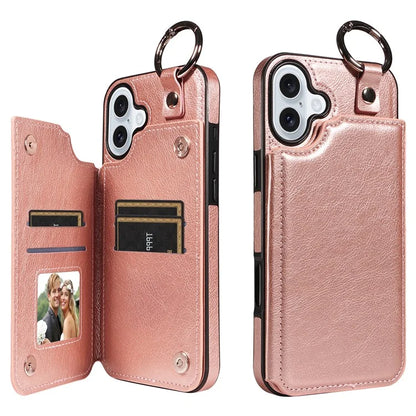 003 For iPhone 16 Plus Case Leather Ring Buckle Phone Back Cover Kickstand
