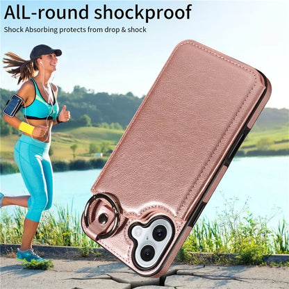 003 For iPhone 16 Plus Case Leather Ring Buckle Phone Back Cover Kickstand