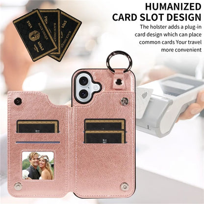 003 For iPhone 16 Plus Case Leather Ring Buckle Phone Back Cover Kickstand