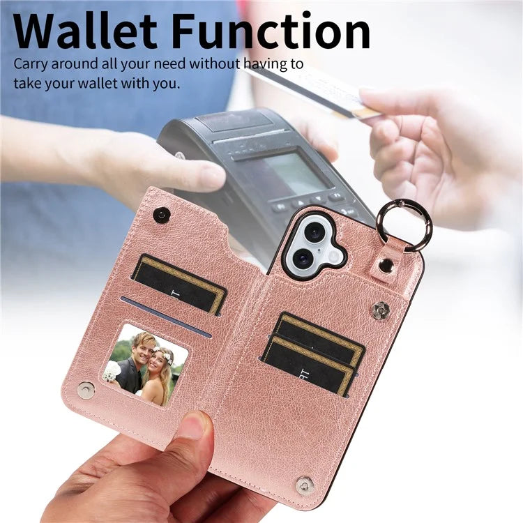 003 For iPhone 16 Plus Case Leather Ring Buckle Phone Back Cover Kickstand