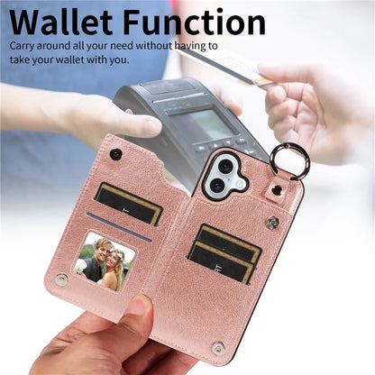 003 For iPhone 16 Plus Case Leather Ring Buckle Phone Back Cover Kickstand