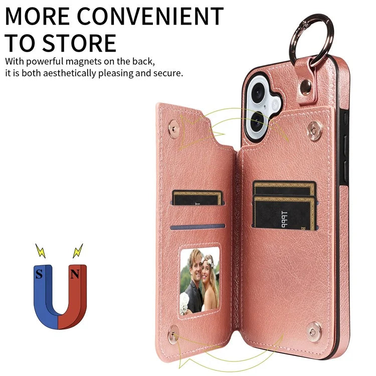003 For iPhone 16 Plus Case Leather Ring Buckle Phone Back Cover Kickstand