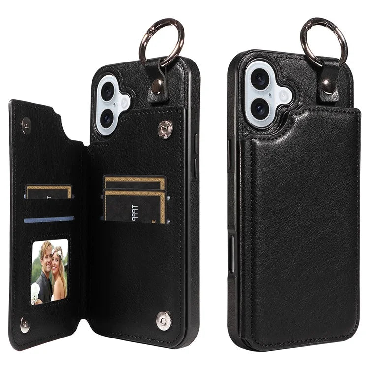 003 For iPhone 16 Plus Case Leather Ring Buckle Phone Back Cover Kickstand