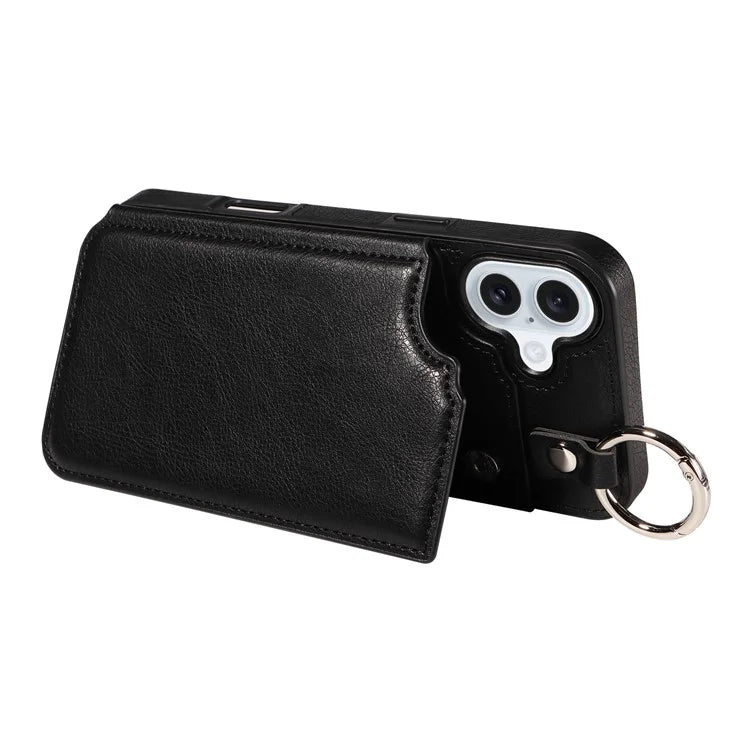 003 For iPhone 16 Plus Case Leather Ring Buckle Phone Back Cover Kickstand