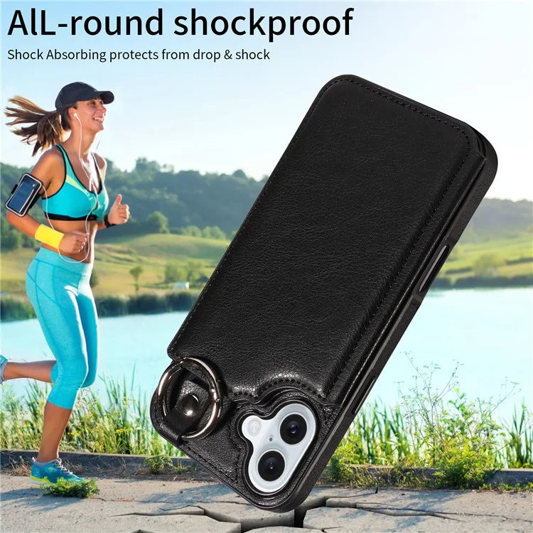 003 For iPhone 16 Plus Case Leather Ring Buckle Phone Back Cover Kickstand