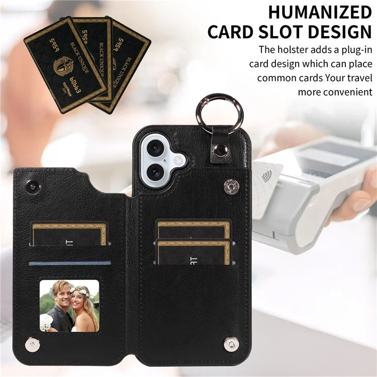 003 For iPhone 16 Plus Case Leather Ring Buckle Phone Back Cover Kickstand