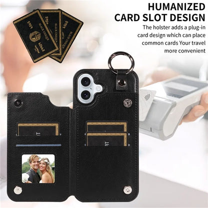 003 For iPhone 16 Plus Case Leather Ring Buckle Phone Back Cover Kickstand