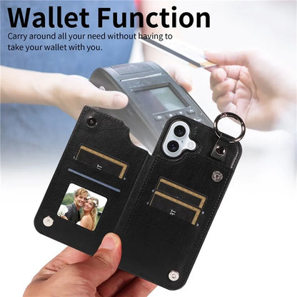 003 For iPhone 16 Plus Case Leather Ring Buckle Phone Back Cover Kickstand