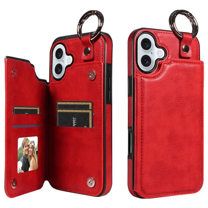 003 For iPhone 16 Plus Case Leather Ring Buckle Phone Back Cover Kickstand