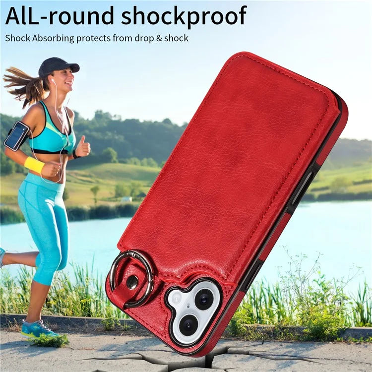 003 For iPhone 16 Plus Case Leather Ring Buckle Phone Back Cover Kickstand