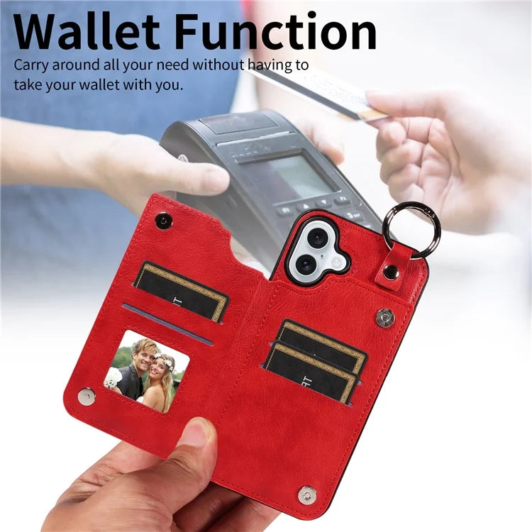 003 For iPhone 16 Plus Case Leather Ring Buckle Phone Back Cover Kickstand