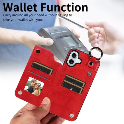 003 For iPhone 16 Plus Case Leather Ring Buckle Phone Back Cover Kickstand