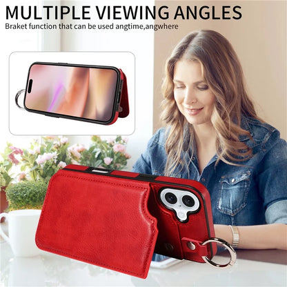 003 For iPhone 16 Plus Case Leather Ring Buckle Phone Back Cover Kickstand