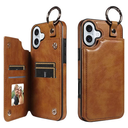 003 For iPhone 16 Plus Case Leather Ring Buckle Phone Back Cover Kickstand
