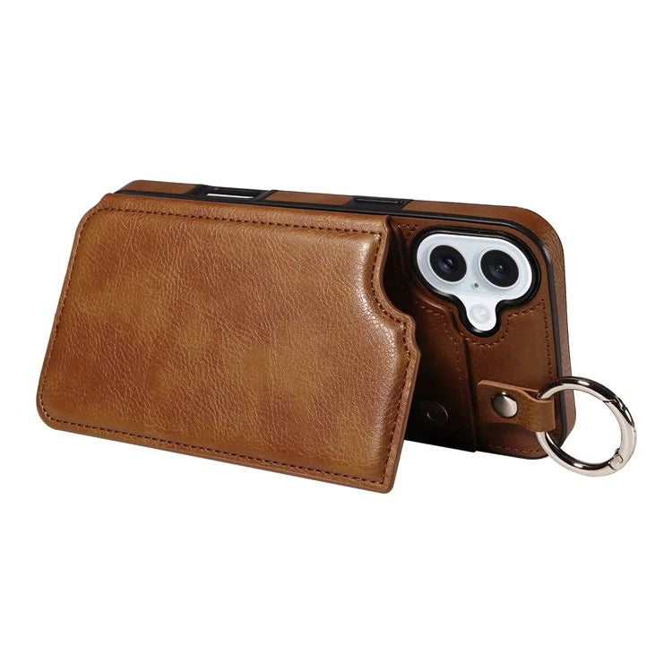 003 For iPhone 16 Plus Case Leather Ring Buckle Phone Back Cover Kickstand