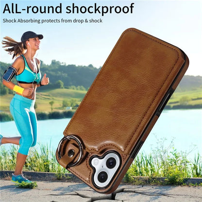 003 For iPhone 16 Plus Case Leather Ring Buckle Phone Back Cover Kickstand