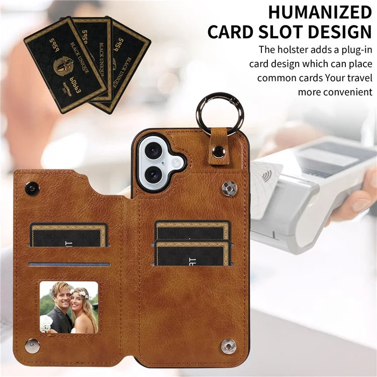 003 For iPhone 16 Plus Case Leather Ring Buckle Phone Back Cover Kickstand