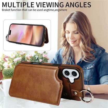 003 For iPhone 16 Plus Case Leather Ring Buckle Phone Back Cover Kickstand