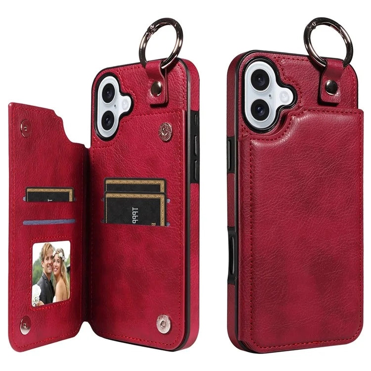 003 For iPhone 16 Plus Case Leather Ring Buckle Phone Back Cover Kickstand