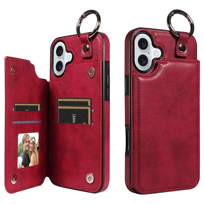 003 For iPhone 16 Plus Case Leather Ring Buckle Phone Back Cover Kickstand