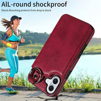 003 For iPhone 16 Plus Case Leather Ring Buckle Phone Back Cover Kickstand