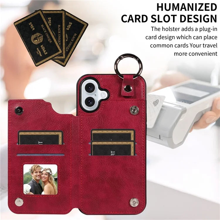 003 For iPhone 16 Plus Case Leather Ring Buckle Phone Back Cover Kickstand