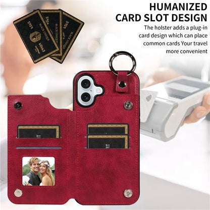 003 For iPhone 16 Plus Case Leather Ring Buckle Phone Back Cover Kickstand