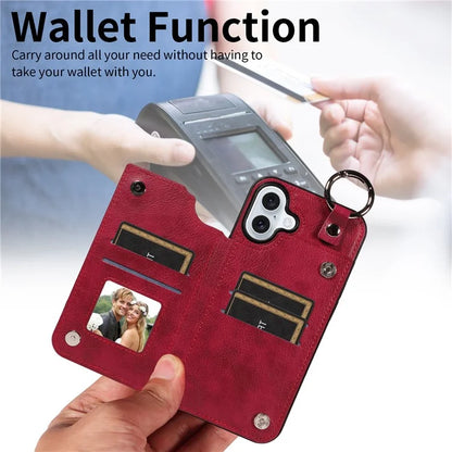 003 For iPhone 16 Plus Case Leather Ring Buckle Phone Back Cover Kickstand