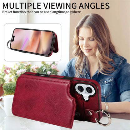 003 For iPhone 16 Plus Case Leather Ring Buckle Phone Back Cover Kickstand