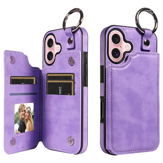 003 For iPhone 16 Case Card Slots Leather Phone Cover Double Magnetic Clasp, Ring Buckle
