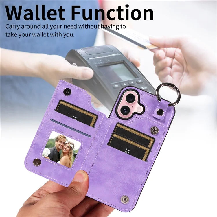 003 For iPhone 16 Case Card Slots Leather Phone Cover Double Magnetic Clasp, Ring Buckle